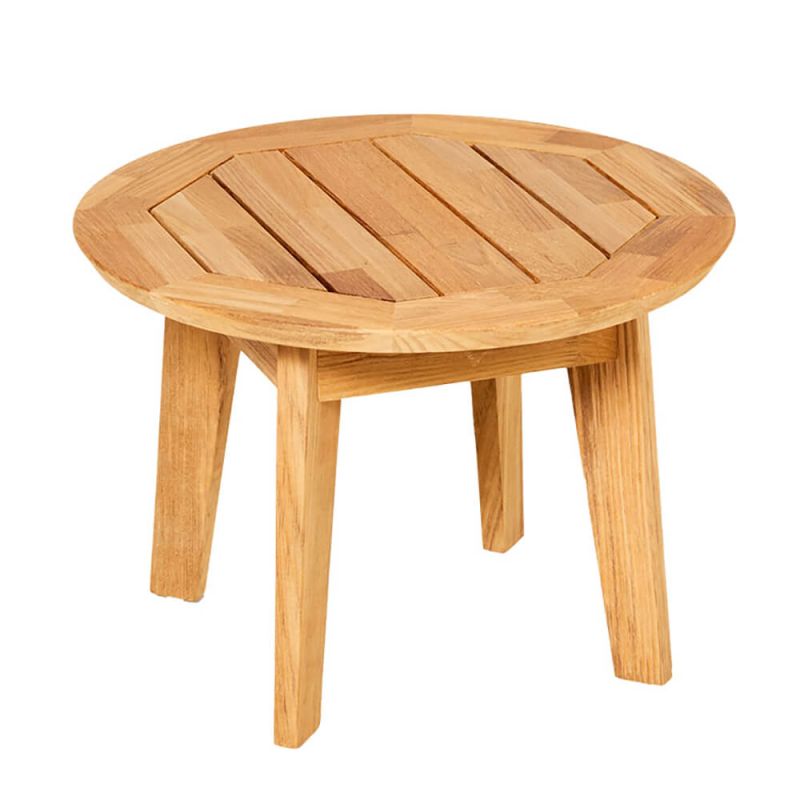 Table ronde en bois à quatre pieds, parfaite pour l'extérieur