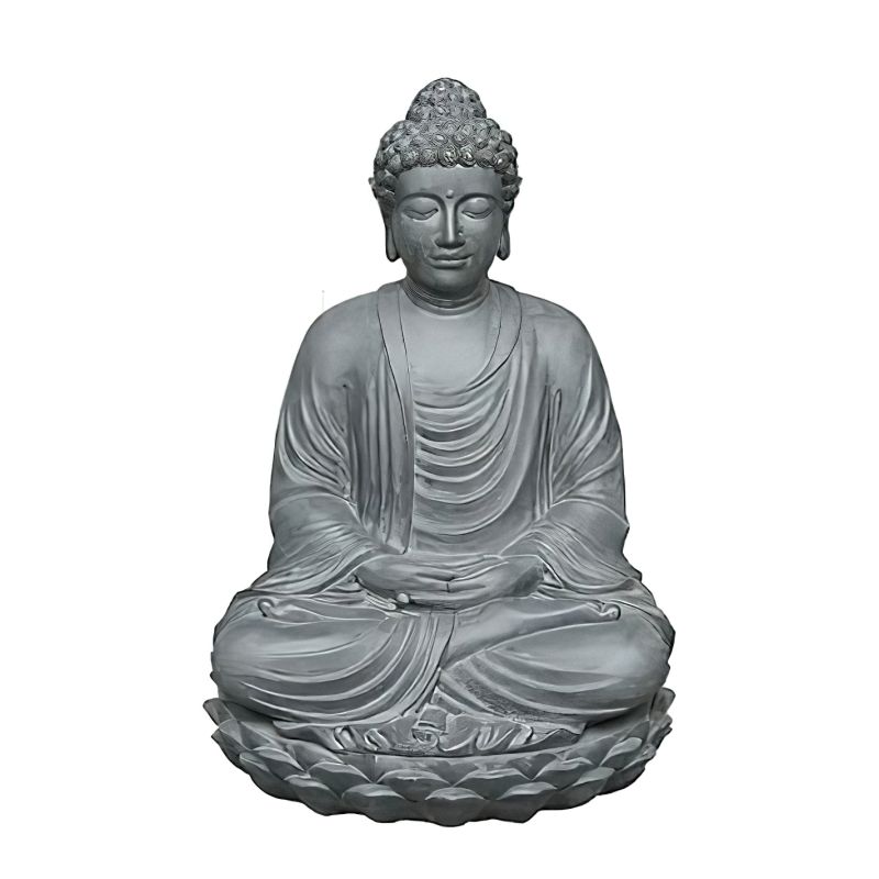 Statue grise de Bouddha assise en méditation, idéale comme décoration de jardin