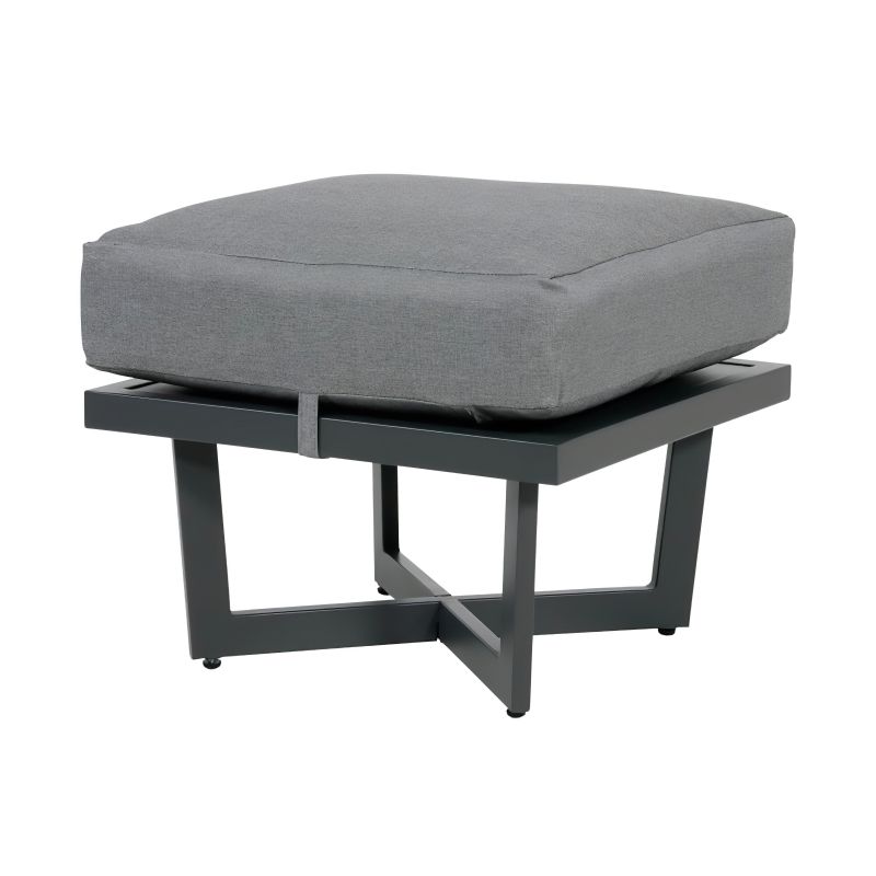 Sgabello da giardino imbottito grigio con struttura in metallo su sfondo bianco