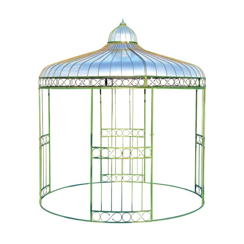 Padiglione metallico rotondo verde con tetto blu, ideale per mobili da giardino e decorazioni esterne