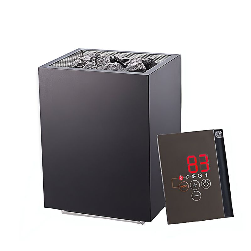 Four sauna électrique noir avec panneau de commande séparé sur fond blanc