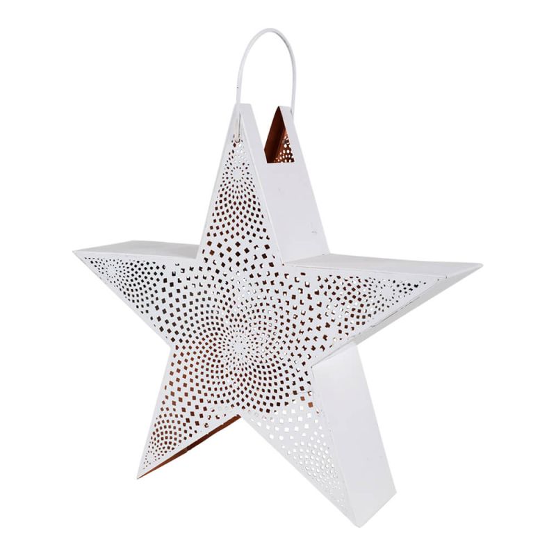 Lanterne étoile en métal blanc avec des motifs ajourés délicats pour décorer le jardin
