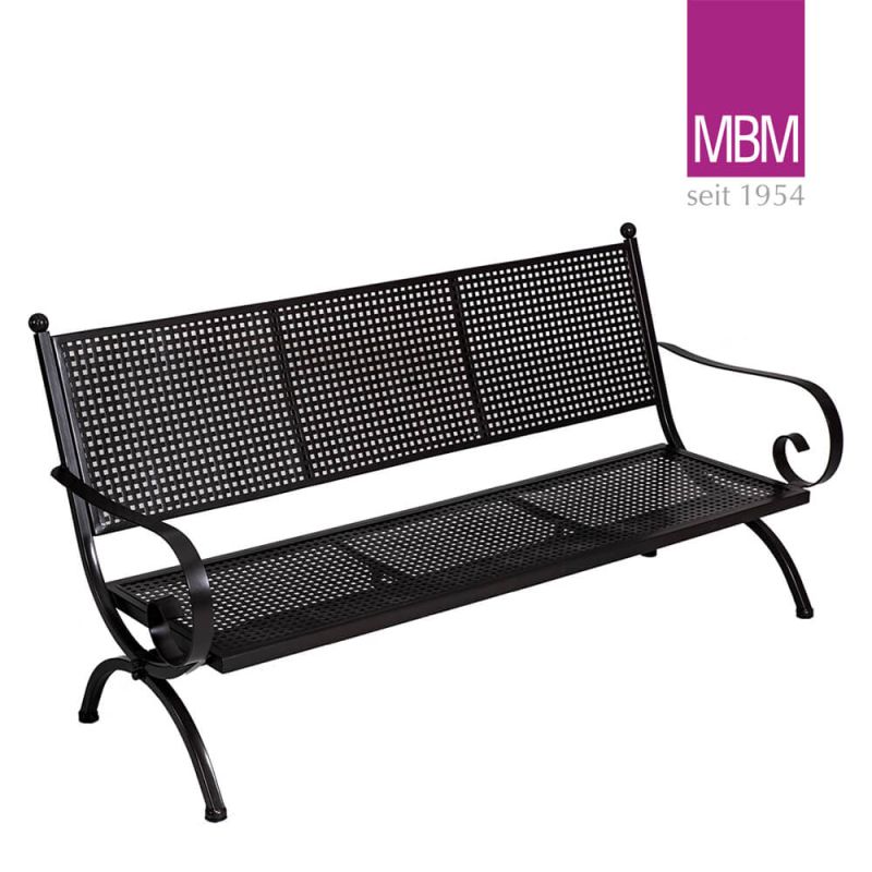 Banc de jardin noir en métal avec assise et dossier en tôle perforée robuste