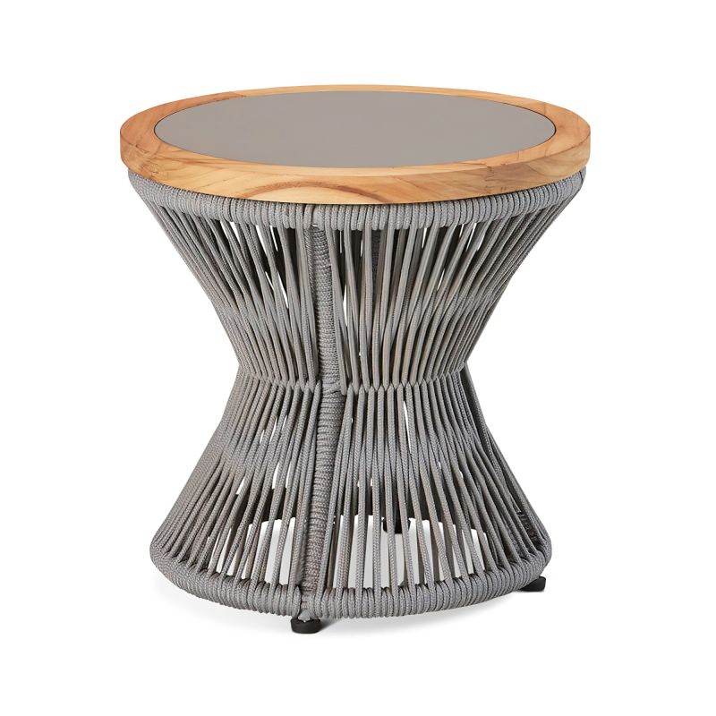 Tavolo da giardino rotondo con intreccio argentato, cornice in legno e superficie in vetro