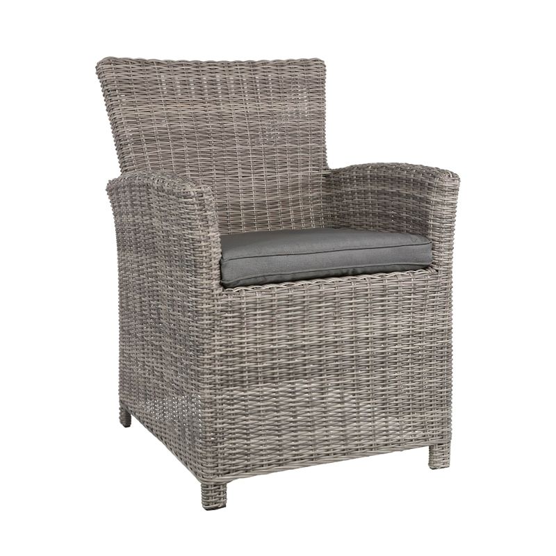 Sedia moderna da giardino in rattan grigio con cuscino da seduta grigio scuro