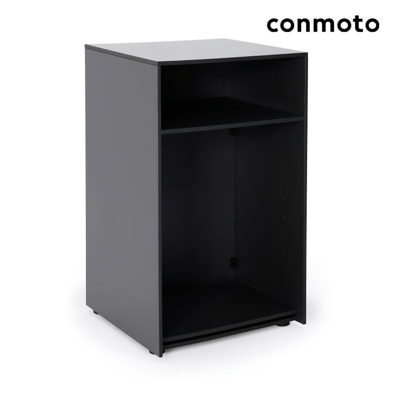 Armoire de jardin moderne noire avec espace de rangement ouvert sur fond blanc