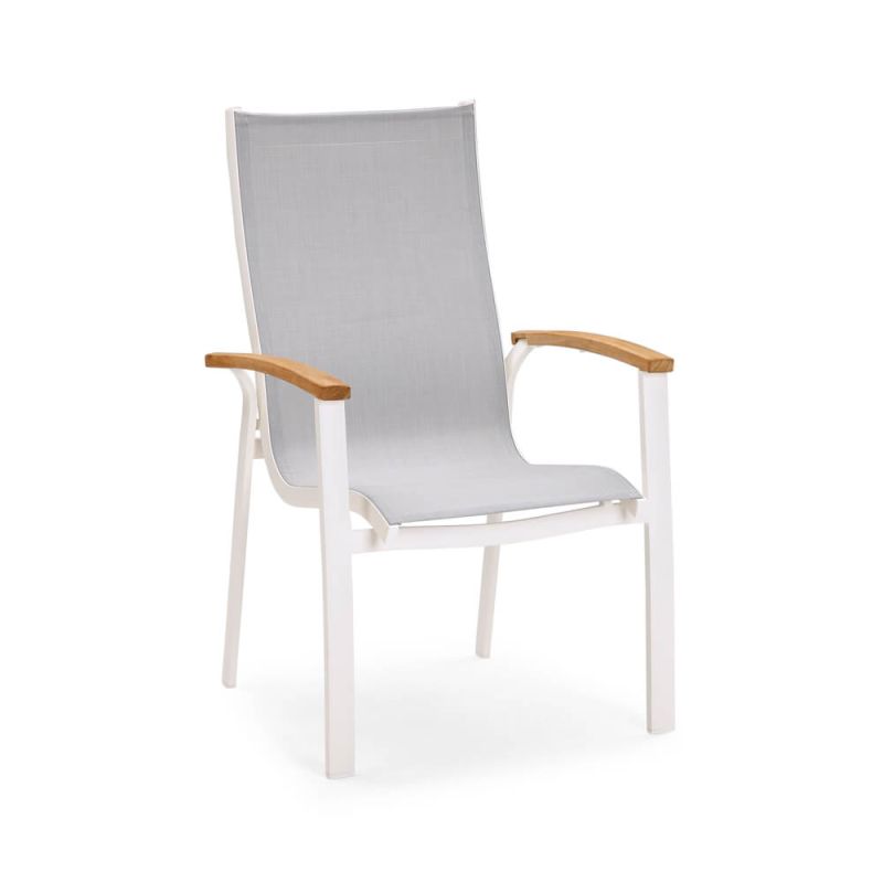 Chaise de jardin blanche avec tissu gris et accoudoirs en bois