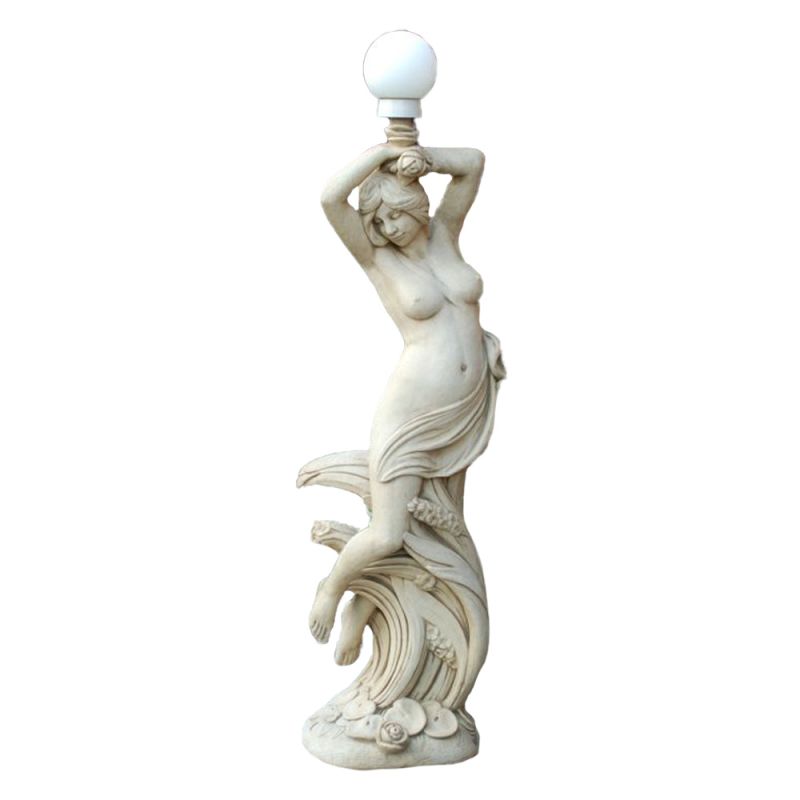 Scultura bianca di una donna con lampada sulla testa, decorazione da giardino