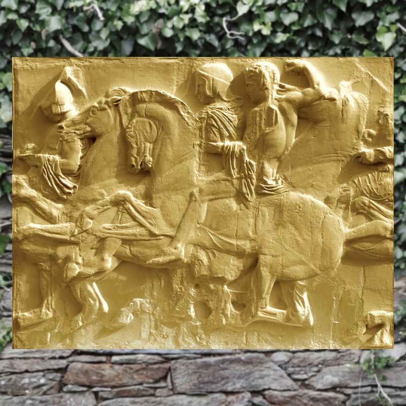 Bassorilievo in bronzo dettagliato con cavalieri, perfetto per arredare il giardino