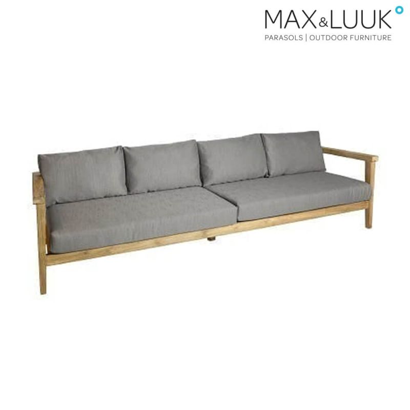 Lungo divano da giardino in legno con cuscini grigi, perfetto per il giardino