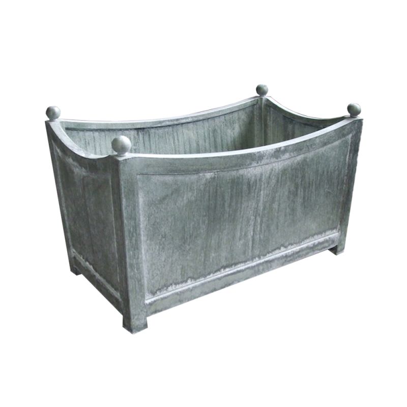 Bac à fleurs rectangulaire en pierre avec décorations sphériques aux coins, parfait pour mobilier de jardin et décoration de jardin