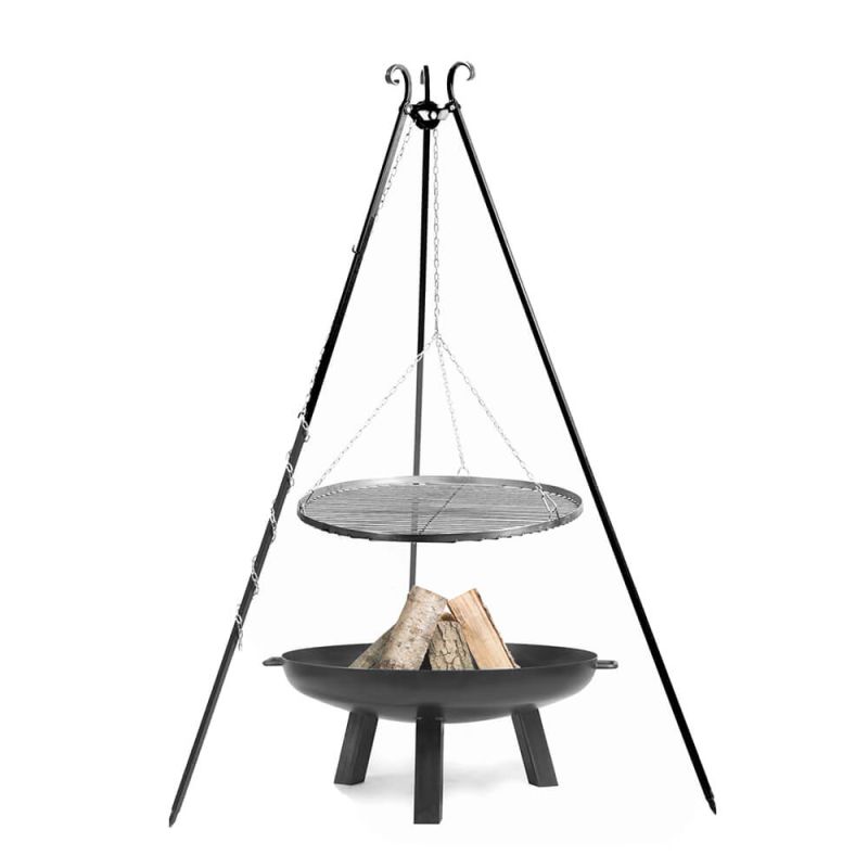 Brasero noir avec trépied, feu de bois pour décoration et grillade dans le jardin