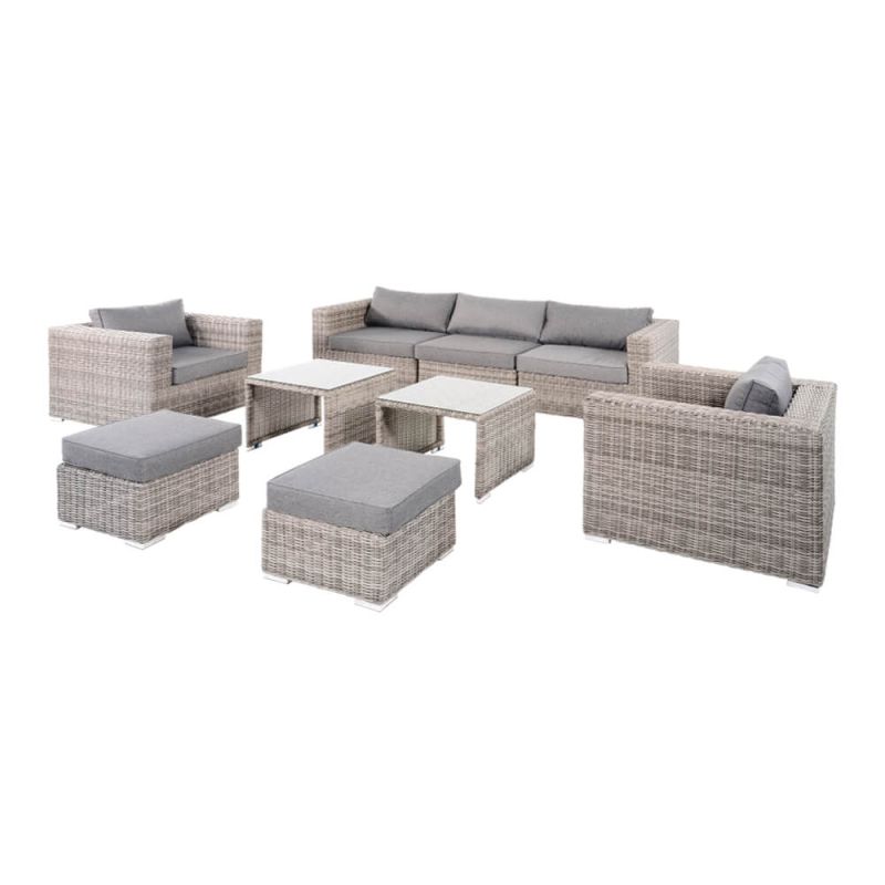 Set di mobili da giardino in polyrattan grigio chiaro con cuscini grigi, composto da divani e tavoli