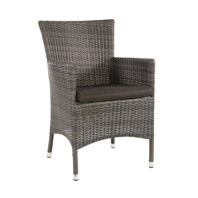 Sedia da giardino moderna in rattan grigio con cuscino grigio scuro e piedi in metallo