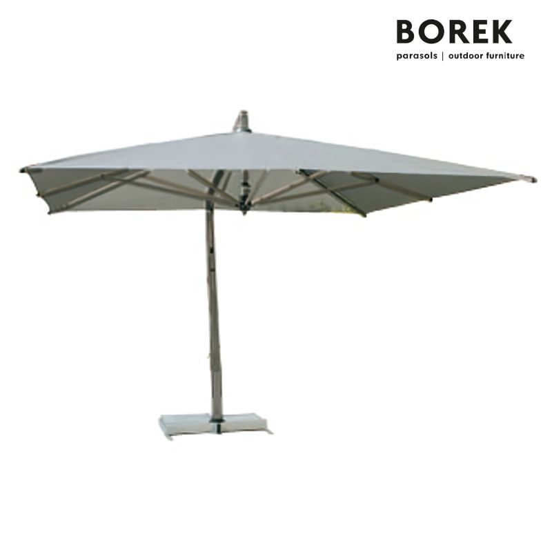 Grande ombrellone grigio di forma rettangolare con base stabile
