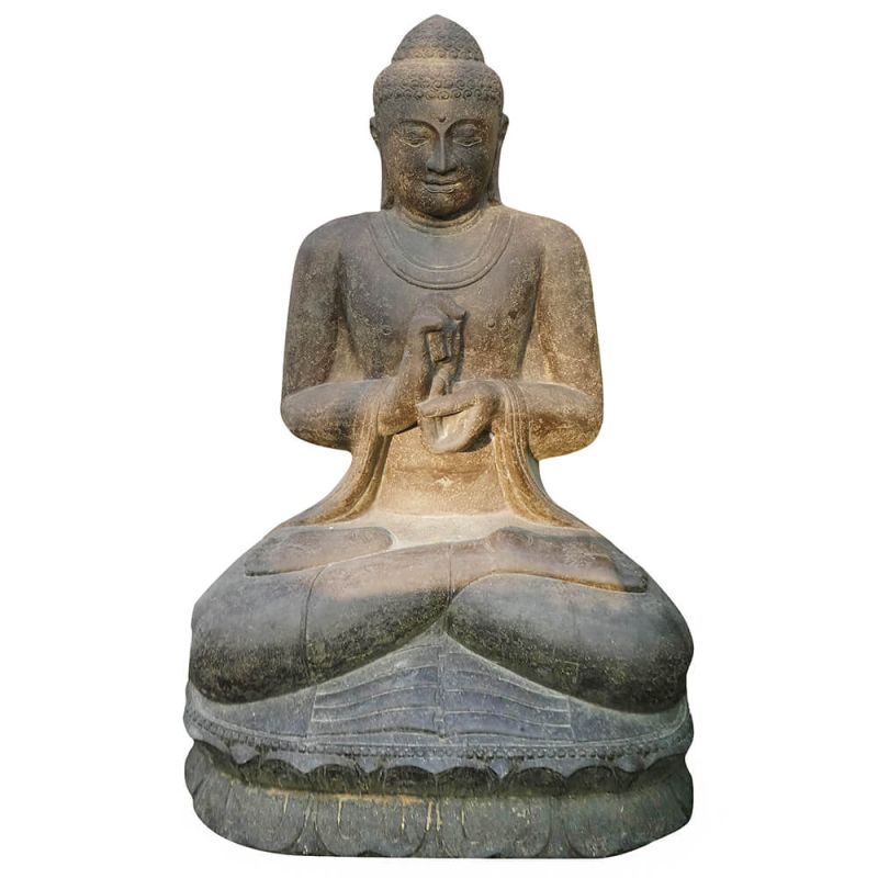 Steinerne Buddha Statue in Meditationshaltung als Gartendekoration