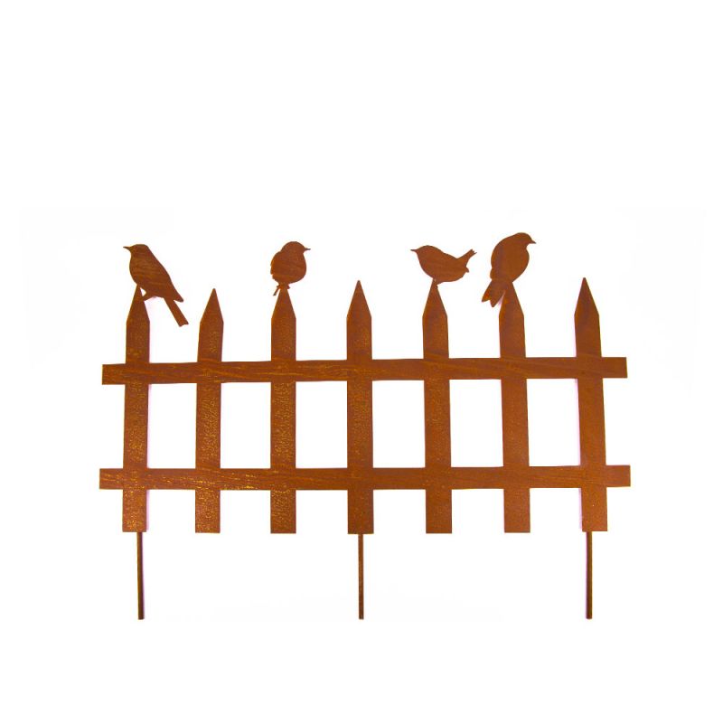 Clôture en métal couleur rouille avec sculptures d'oiseaux pour jardin