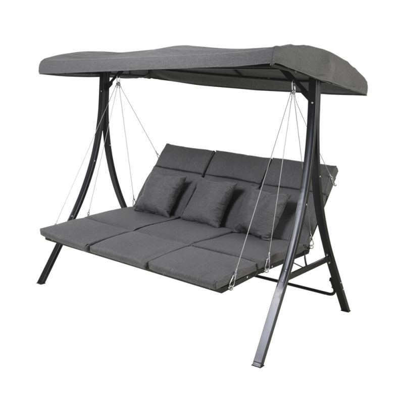 Balançoire de jardin noire à trois places avec coussins confortables et auvent résistant aux intempéries