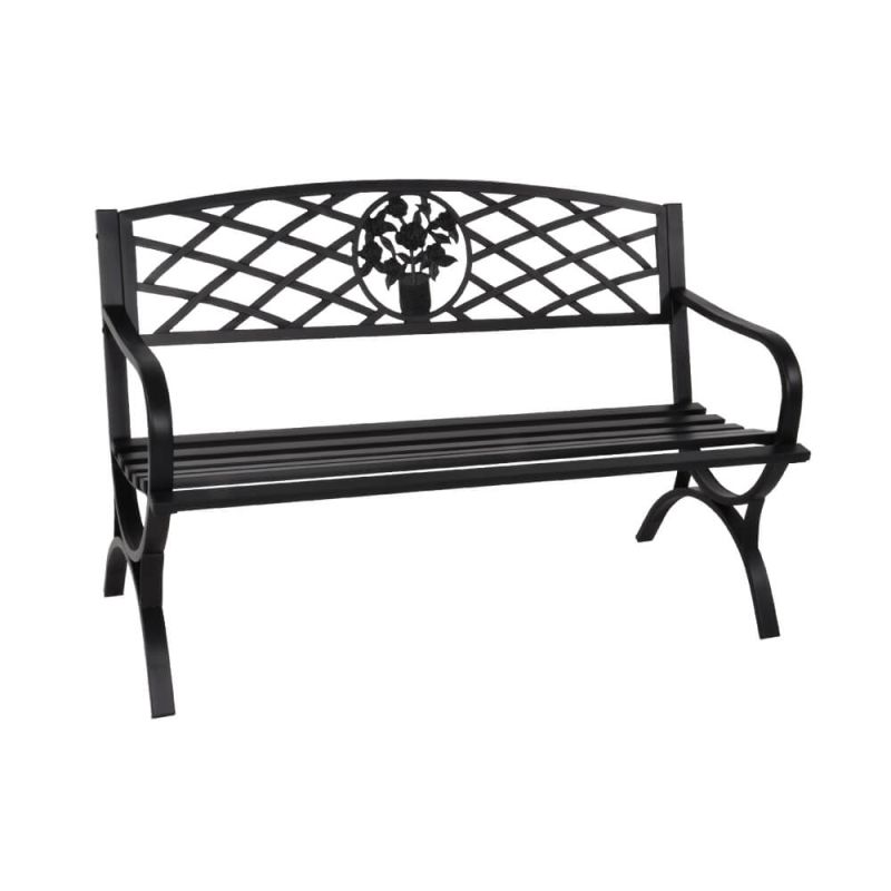 Panchina da giardino in metallo nero con motivo floreale decorativo sullo schienale