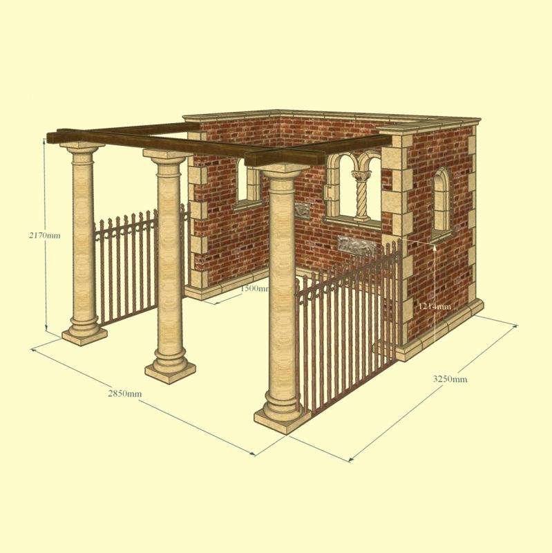 Croquis d'un pavillon de jardin rectangulaire en briques avec colonnes et portails