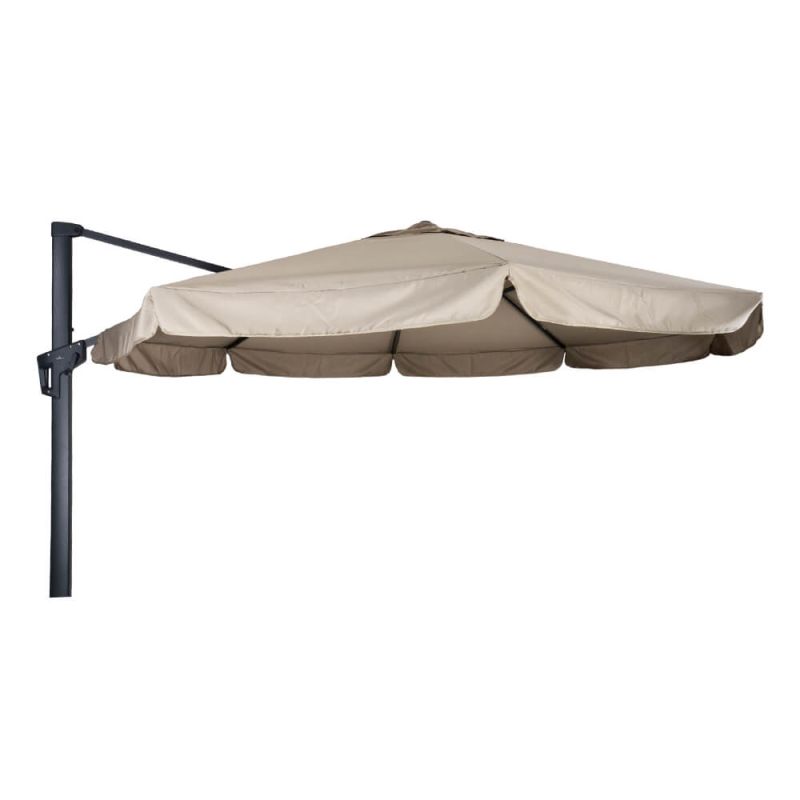 Ombrellone tondo beige con supporto laterale nero, ideale per il giardino