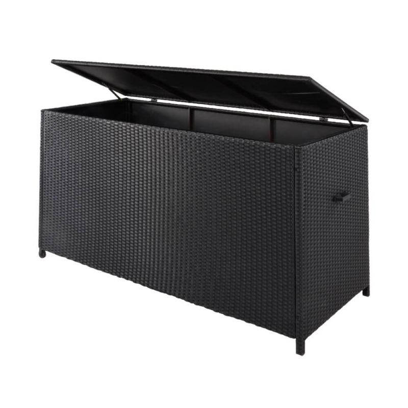 Grande cassa da giardino nera in rattan con coperchio aperto per deposito all'aperto