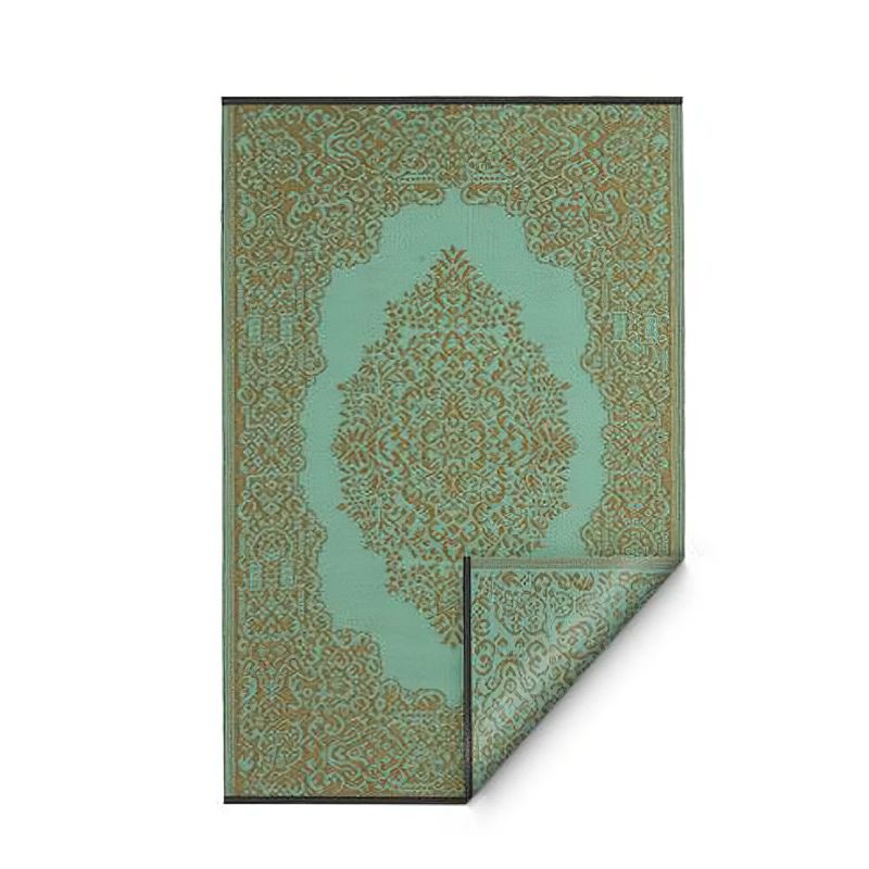 Türkisfarbene Gartentischdecke mit detailliertem goldfarbenem orientalischem Muster