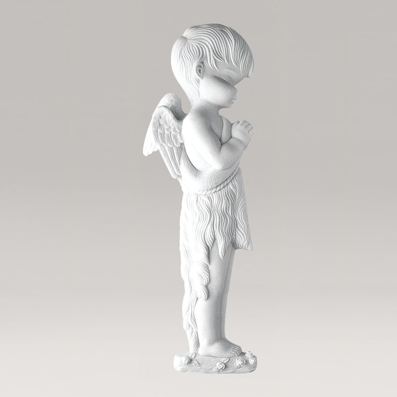 Statua di angelo da giardino bianco in cemento con dettagli in preghiera