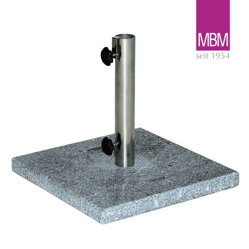 Base quadrata per ombrellone in pietra grigia con tubo metallico e viti di serraggio
