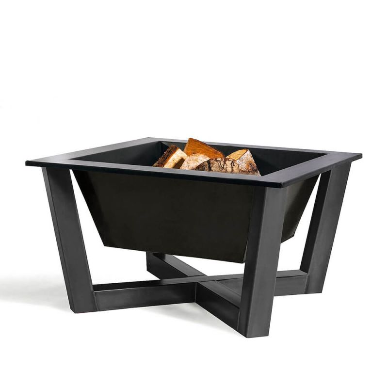 Table de feu noire en métal avec des bûches pour le jardin