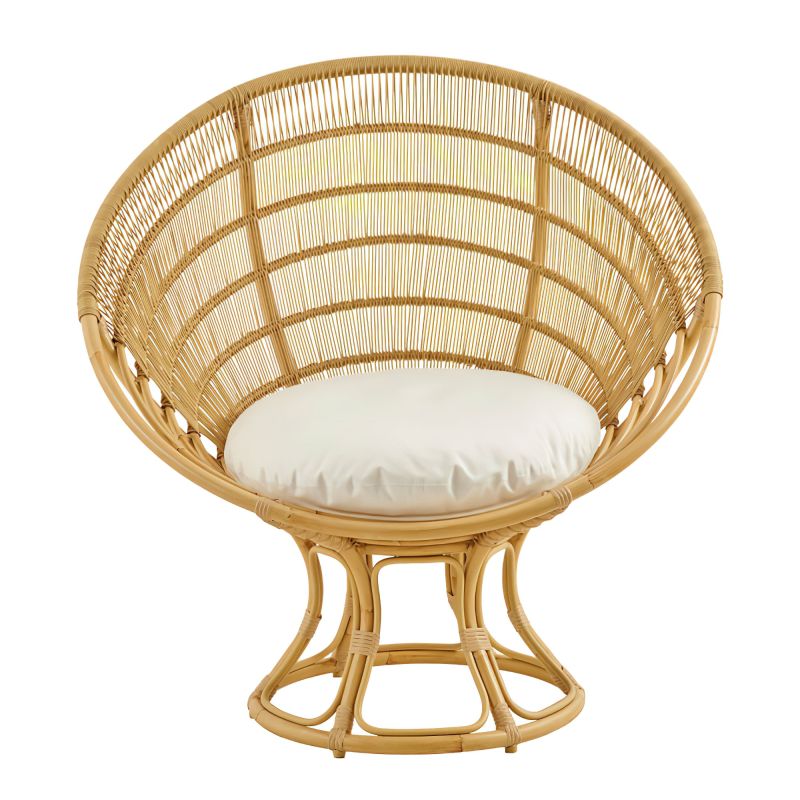 Sedia da giardino rotonda in rattan con cuscino bianco