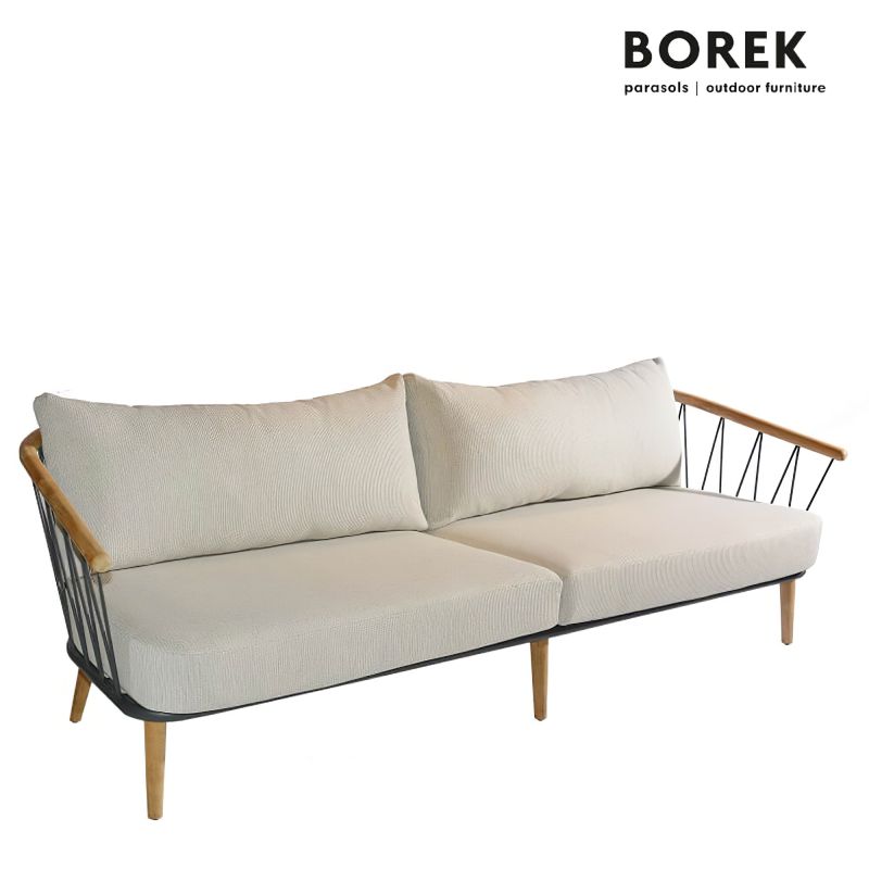 Canapé d'extérieur avec coussins beiges et structure en bois pour le jardin