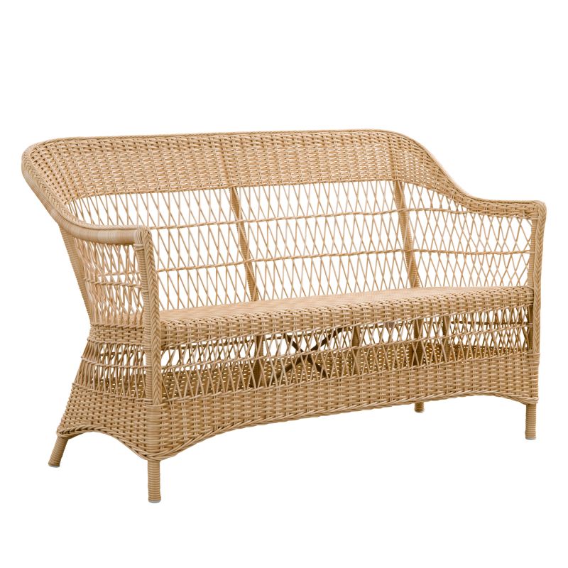 Divano da giardino in rattan naturale intrecciato con schienale e braccioli alti