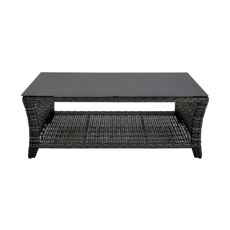 Tavolo da giardino nero con design intrecciato e ripiano inferiore, ideale per mobili da giardino
