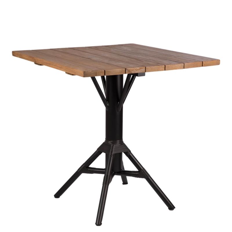 Table de jardin carrée avec plateau en bois et structure métallique noire
