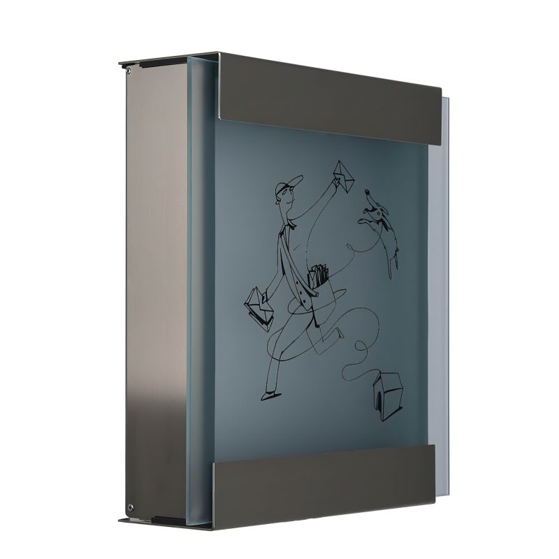 Boîte aux lettres en acier inoxydable avec dessin au crayon d'un facteur et des oiseaux