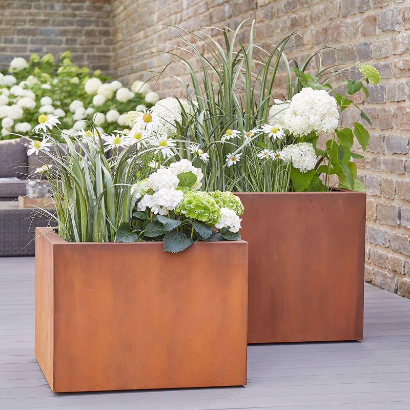 Due vasi da giardino quadrati in acciaio corten con piante verdi e fiori bianchi su una terrazza davanti a un muro di mattoni