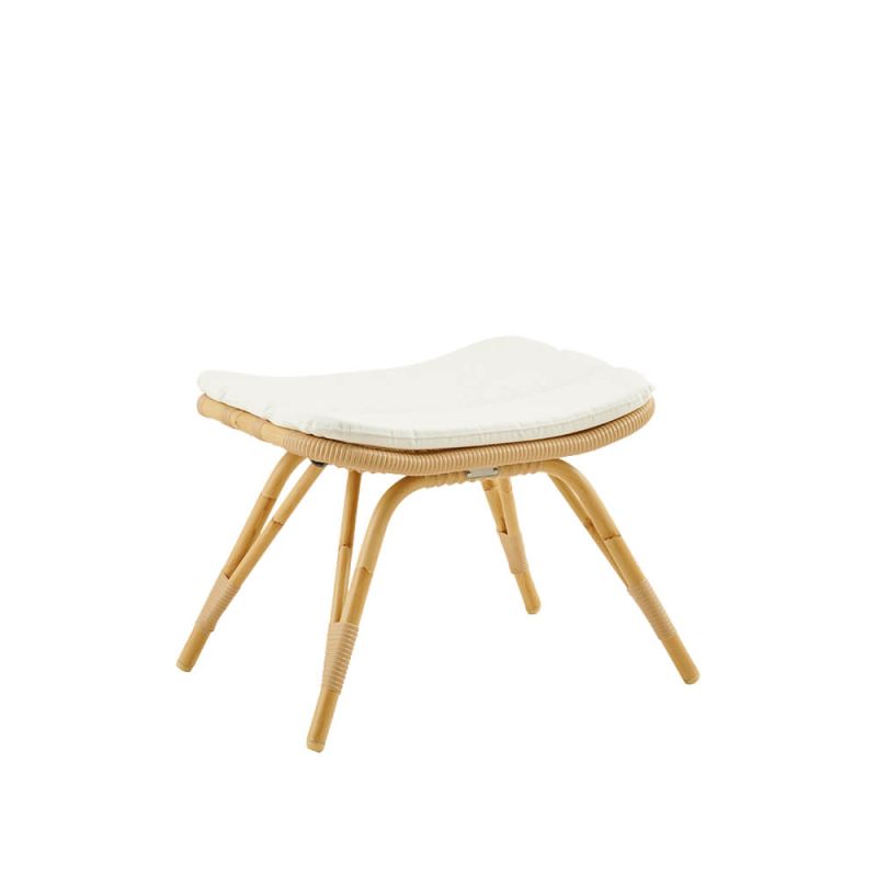 Sgabello da giardino con struttura in legno e cuscino bianco per uso esterno